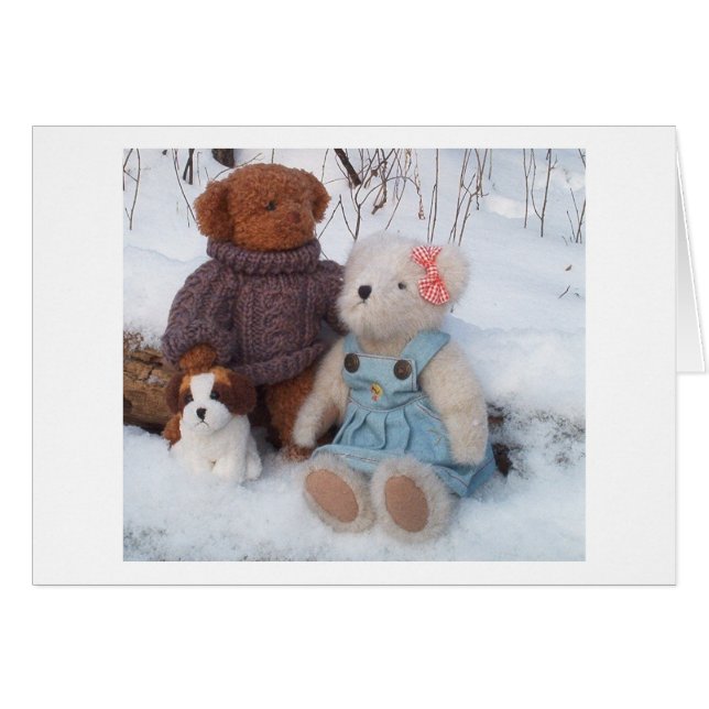 Winter Teddy Couple med valp Hälsningskort (Framsidan Horizontal)