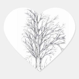 Winter Träd Black Bläck Teckning Art Sketch Hjärtformat Klistermärke