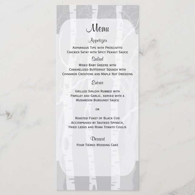 Winter Träd i Grått Bröllop Menu Meny (Framsida)