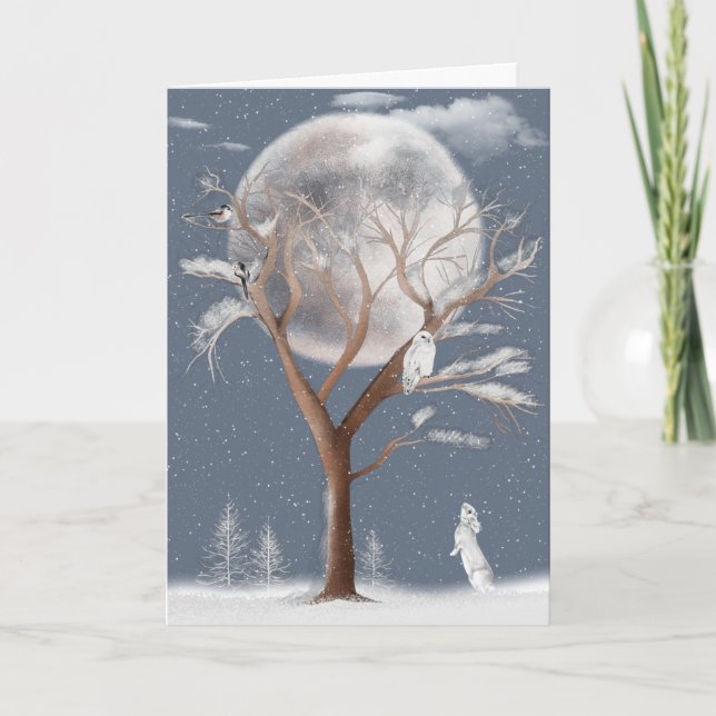 Winter Träd med Måne och Uggla Helgkort (Framsida)