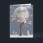 Winter Träd med Måne och Uggla Helgkort<br><div class="desc">Cute-kanin och vit snöskiva uggla i snöflingor med fåglar och fullt för jul.</div>