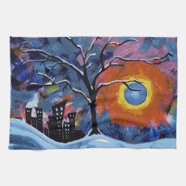Winter Träd och City Ljus Original Artwork Kökshandduk