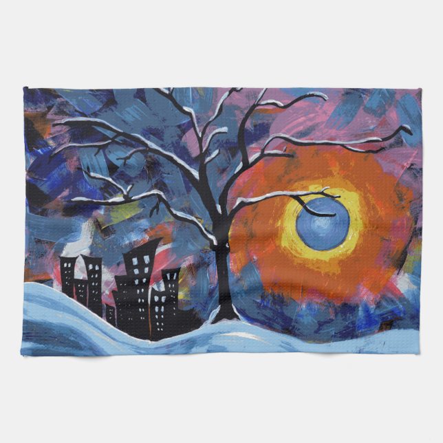 Winter Träd och City Ljus Original Artwork Kökshandduk (Horisontell)
