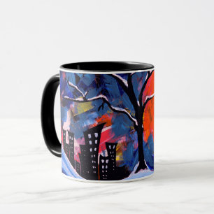 Winter Träd och City Ljus Original Artwork Mugg