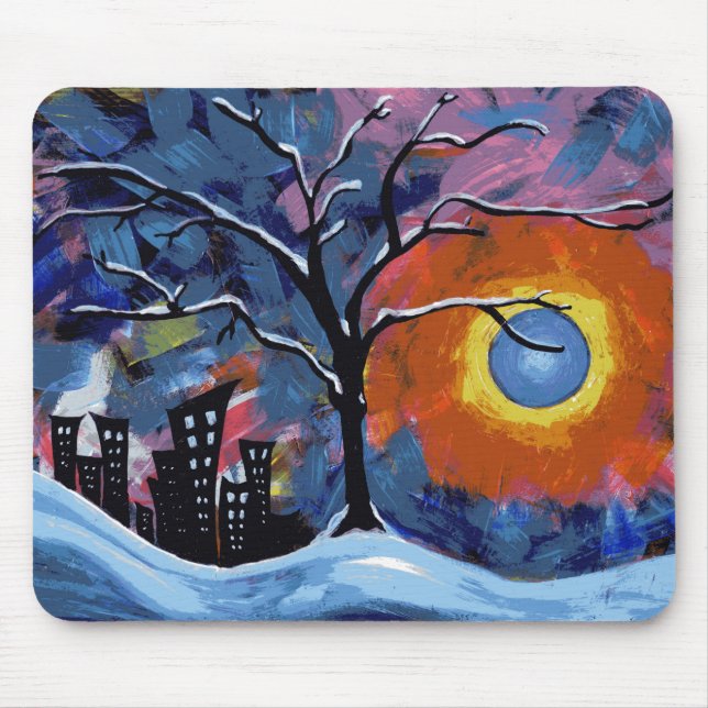 Winter Träd och City Ljus Original Artwork Musmatta (Framsidan)