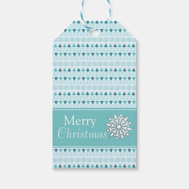 Winter Träd och Snöflingor Mönster Blue Presentetikett (Framsidan)