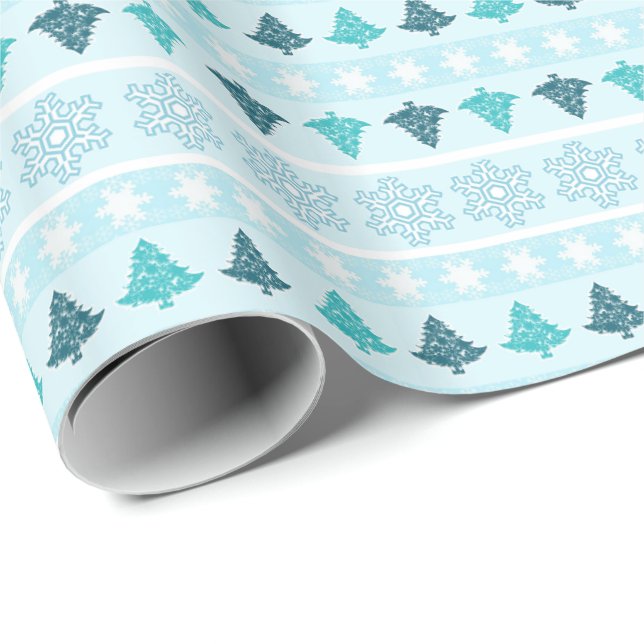 Winter Träd och Snöflingor Mönster Blue Presentpapper (Rullad Hörn)