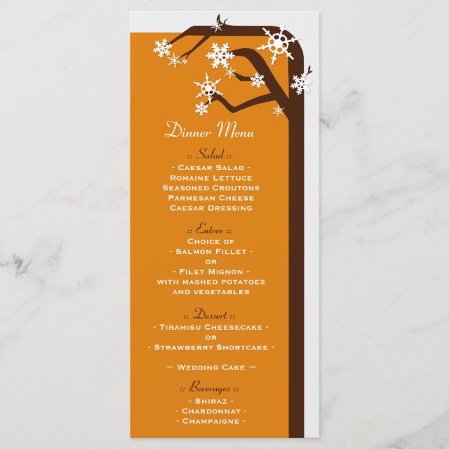 Winter Träd Snowflake Wedding Reception Menus Meny (Framsida)