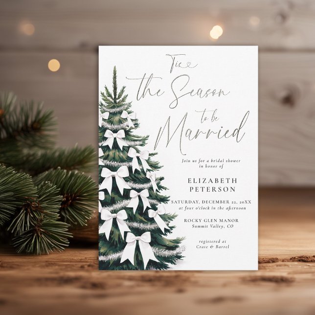 Winter Träd White Bows Tinsel Chic Möhippa Inbjudningar (winter bridal shower invitation christmas pine tree coquette white bows tinsel watercolor cozy chic)