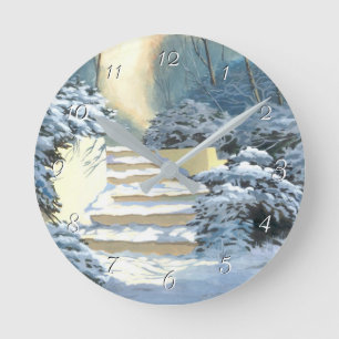 Winter Trappor täckt i snö Round Clock Rund Klocka