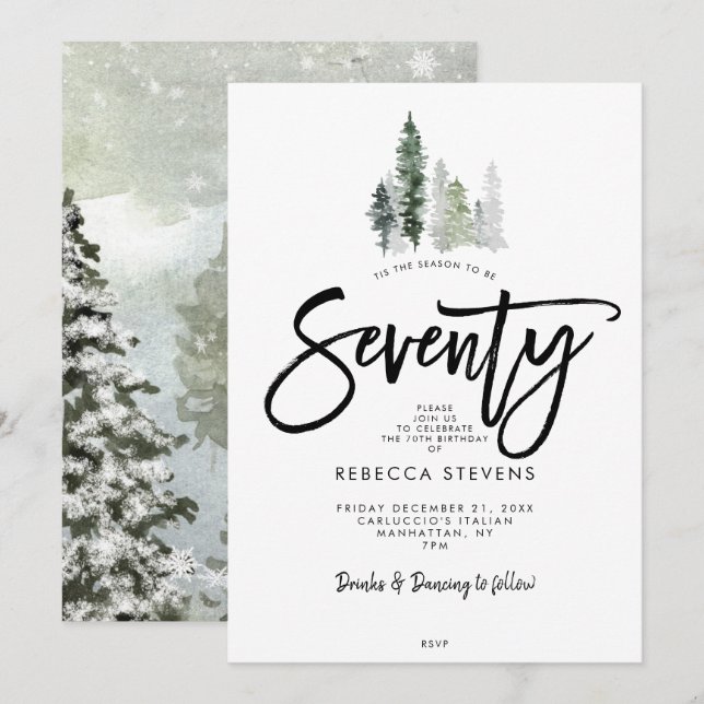 winter trees festive 70th birthday invitation inbjudningar (Fram/baksida)