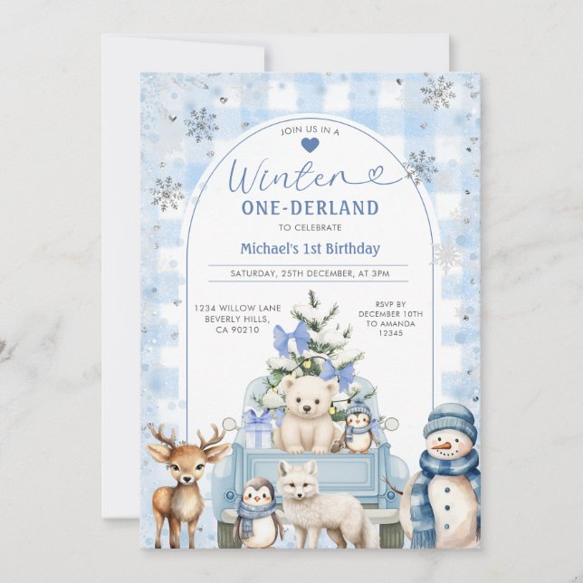 Winter Truck Onederland Boy 1st Birthday Animals Inbjudningar (Framsida)