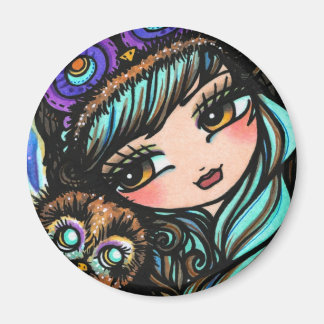 Winter Uggla Snö Forest Hat Girl Fantasy Art Magnet