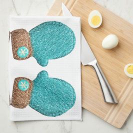 Winter ullsöt snowflake teal blue brun kökshandduk