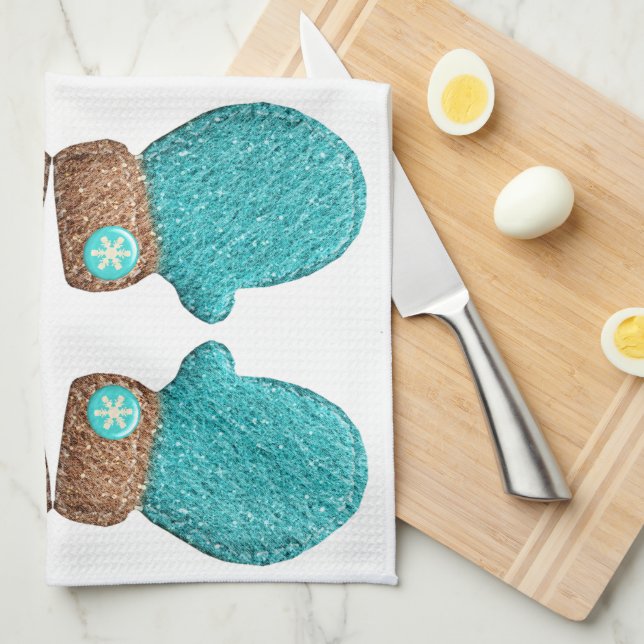 Winter ullsöt snowflake teal blue brun kökshandduk (Vikt i Fjärdedel)