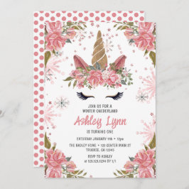 Winter Unicorn 1:a födelsedag  Rosa Inbjudningar