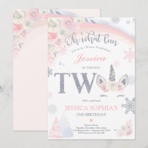 Winter Unicorn 2:a födelsedagen Rosa & Silver Unic Inbjudningar