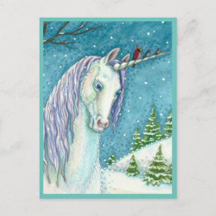 WINTER UNICORN OCH BIRDS, PEACEFUL SNÖ LANDSCAPE VYKORT