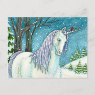 WINTER UNICORN OCH BIRDS, PEACEFUL SNÖ LANDSCAPE VYKORT