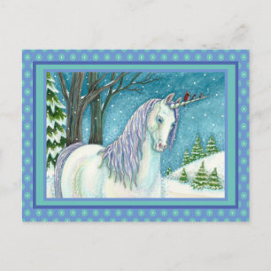 WINTER UNICORN OCH BIRDS, PEACEFUL SNÖ LANDSCAPE VYKORT