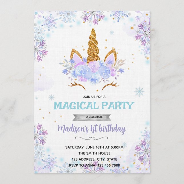 Winter unicorn theme invitation inbjudningar (Framsida)