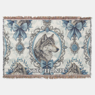 Winter Varg Porträtt i Ornate Blue & Grått Ram Filt