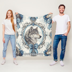 Winter Varg Porträtt i Ornate Blue & Grått Ram Fleecefilt