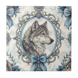 Winter Varg Porträtt i Ornate Blue & Grått Ram Kakelplatta