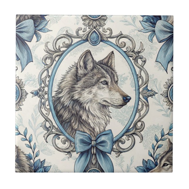 Winter Varg Porträtt i Ornate Blue & Grått Ram Kakelplatta (Framsidan)