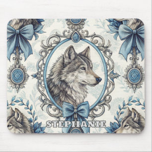 Winter Varg Porträtt i Ornate Blue & Grått Ram Musmatta