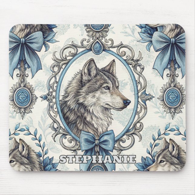 Winter Varg Porträtt i Ornate Blue & Grått Ram Musmatta (Framsidan)