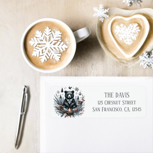 Winter Vibes Watercolor Black Bear Returadress Etikett (Skapare uppladdad)