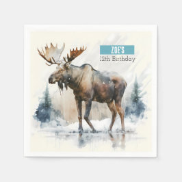 Winter Vibes Watercolor Moose - Födelsedagsfest - Pappersservett