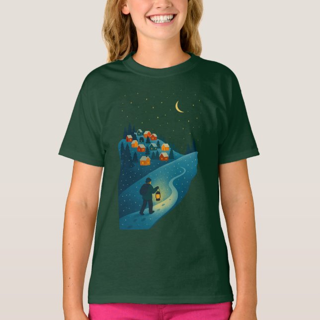 Winter Village Lantern Walk Night Scene Girls' T-S T Shirt (Framsida)