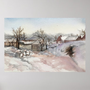 Winter Village liggande vattenfärgsutskrift Poster