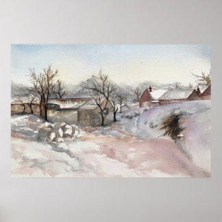 Winter Village liggande vattenfärgsutskrift Poster