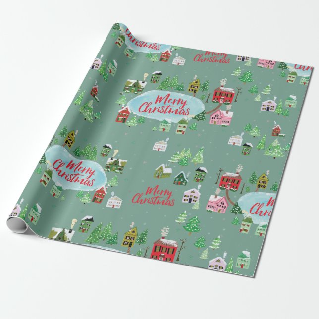 Winter Village Scene God jul Presentpapper (Utrullad)