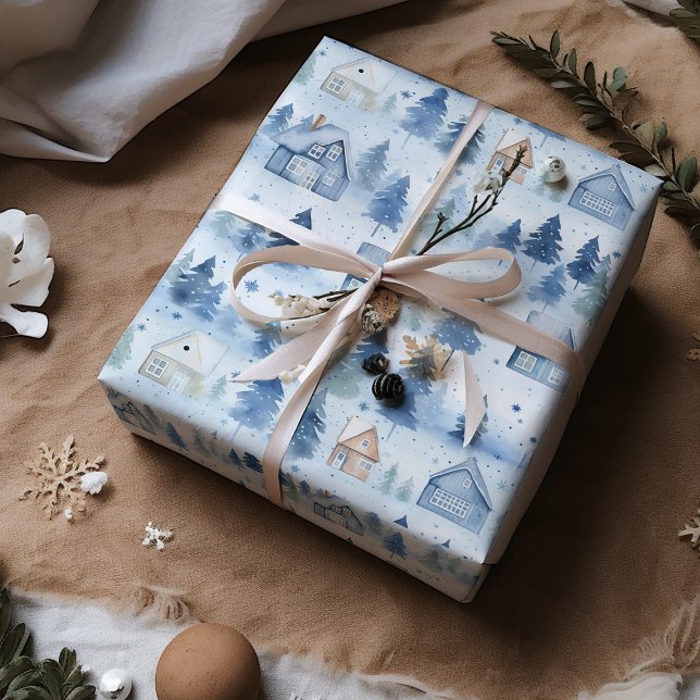 Winter Village Watercolor Snö White jul Presentpapper (Skapare uppladdad)