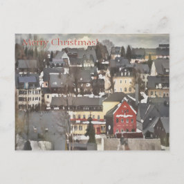 Winter Village with One Red House God jul Helg Vykort