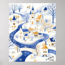 Winter Village with Winding River and Church Poster