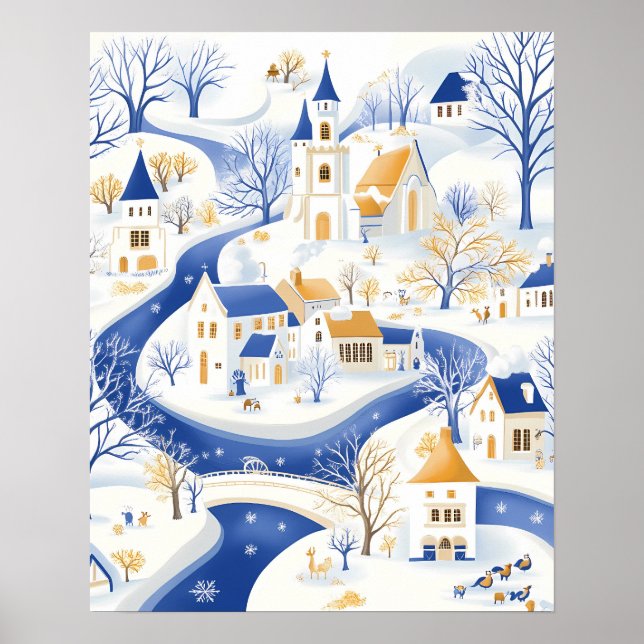 Winter Village with Winding River and Church Poster (Framsidan)