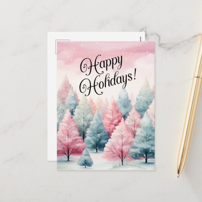 Winter-vinter för Mint och Rosa Fir Träd Helg Vykort (Fram/Back In Situ)