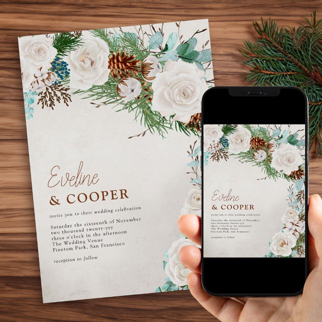 Winter Vit ros och Gräs Cone Bröllop Inbjudningar (Winter Wedding Invitation with Pine Eucalyptus and White Roses. Order Printed or Printable Download.)