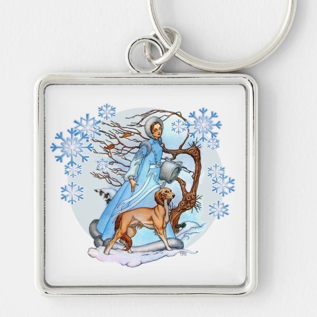 Winter Walk Fyrkantig Silverfärgad Nyckelring (Framsidan)