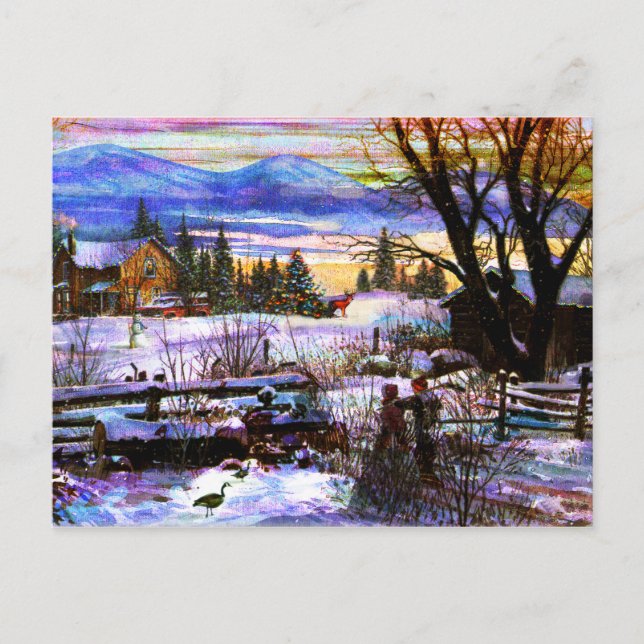 Winter Walk Home Boy Girl & Hund Vykort (Framsida)