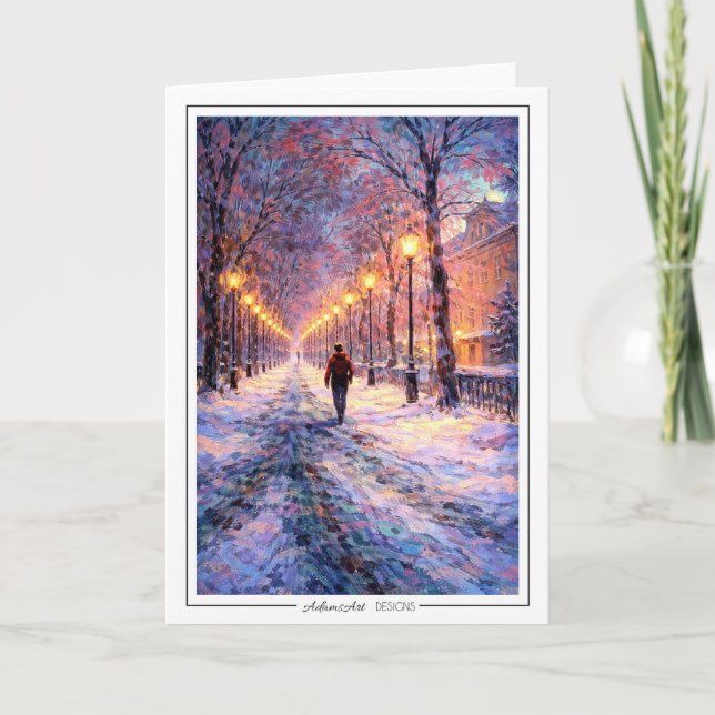 Winter Walk Under Streetlights – Impressionist Kort (Framsida)