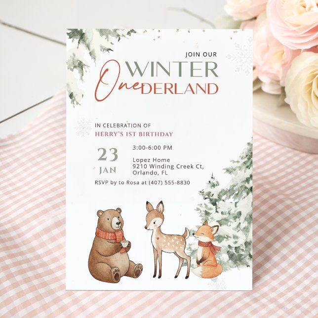 Winter Watercolor Animal Onederland First Birthday Inbjudningar (Skapare uppladdad)