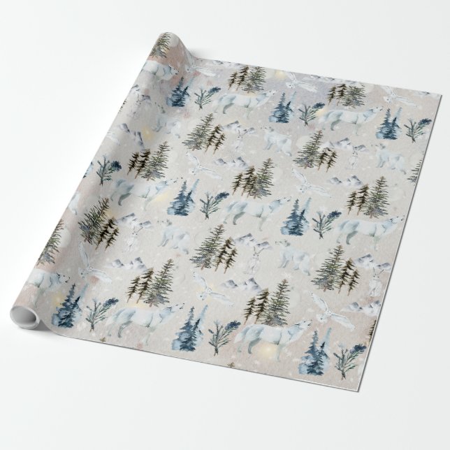 Winter Watercolor Arktis Hare Varg Fox Snowy Uggla Presentpapper (Utrullad)