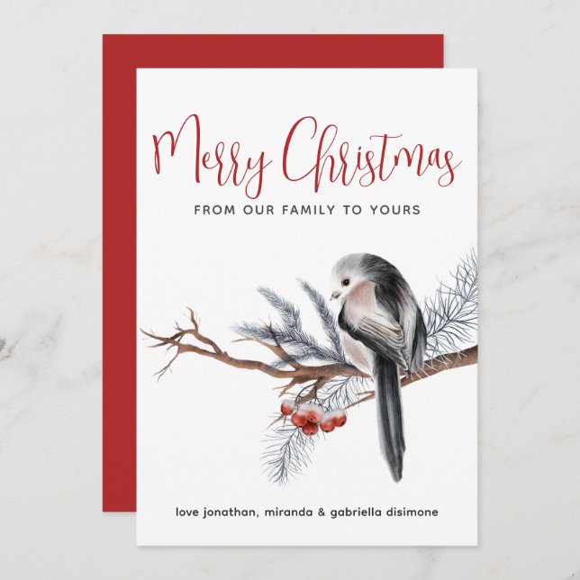 Winter Watercolor Bird Red Julkort (Fram/baksida)