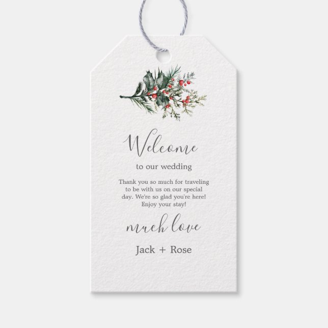 Winter Watercolor Bröllop Presentetikett (Framsidan)